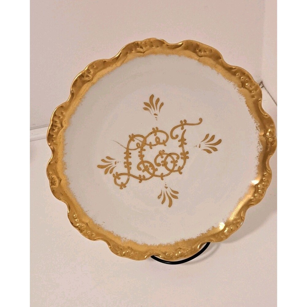Antique Monogramed Moritz Zdekauer Austria Limoges 22K Gold Luncheon 8"  Plate